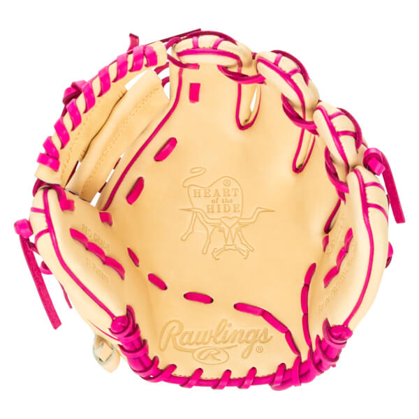 Top-down view of a Rawlings baseball glove with bright pink lacing and "Heart of the Hide" branding.