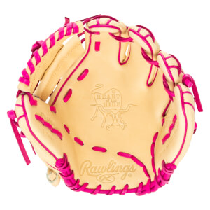Top-down view of a Rawlings baseball glove with bright pink lacing and "Heart of the Hide" branding.