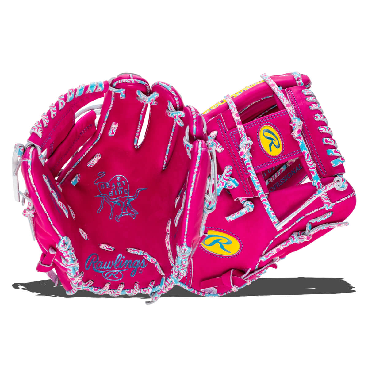 Open view of a pink Rawlings baseball glove with blue and white wavy stitching and a yellow Rawlings logo.