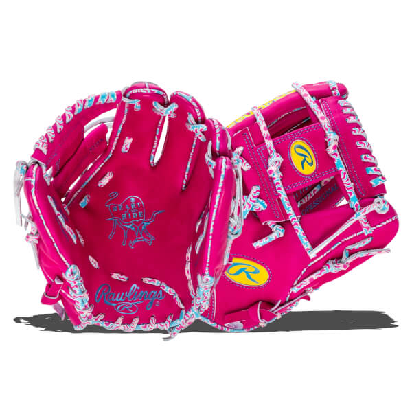 Open view of a pink Rawlings baseball glove with blue and white wavy stitching and a yellow Rawlings logo.