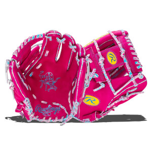 Open view of a pink Rawlings baseball glove with blue and white wavy stitching and a yellow Rawlings logo.