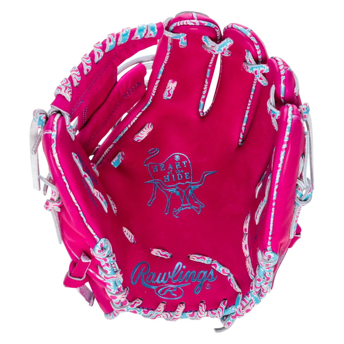 Top-down view of a pink baseball glove with blue "Rawlings" logo and a bull graphic.