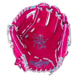 Top-down view of a pink baseball glove with blue "Rawlings" logo and a bull graphic.