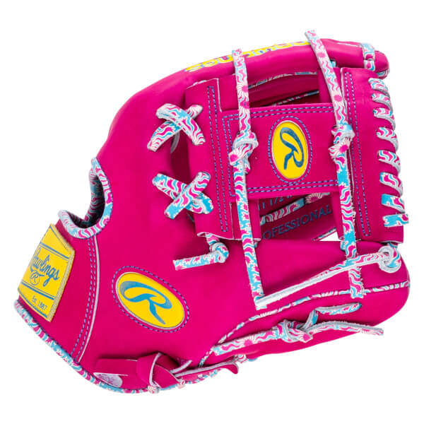 Front view of a pink Rawlings baseball glove with a yellow Rawlings logo patch and decorative lacing.