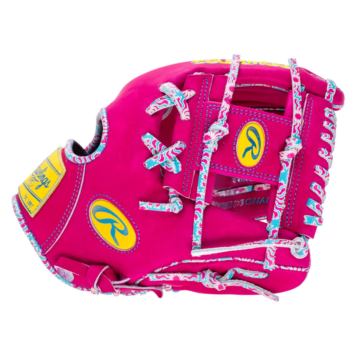 Front view of a bright pink baseball glove with a yellow Rawlings logo and wavy blue and pink lacing.