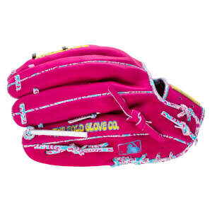 Side view of a bright pink baseball glove with blue and white patterned lacing and "THE GOLD GLOVE CO." embroidered in yellow.