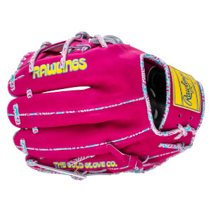 Front view of a bright pink baseball glove with "RAWLINGS" and "THE COLD GLOVE CO." embroidered in yellow.