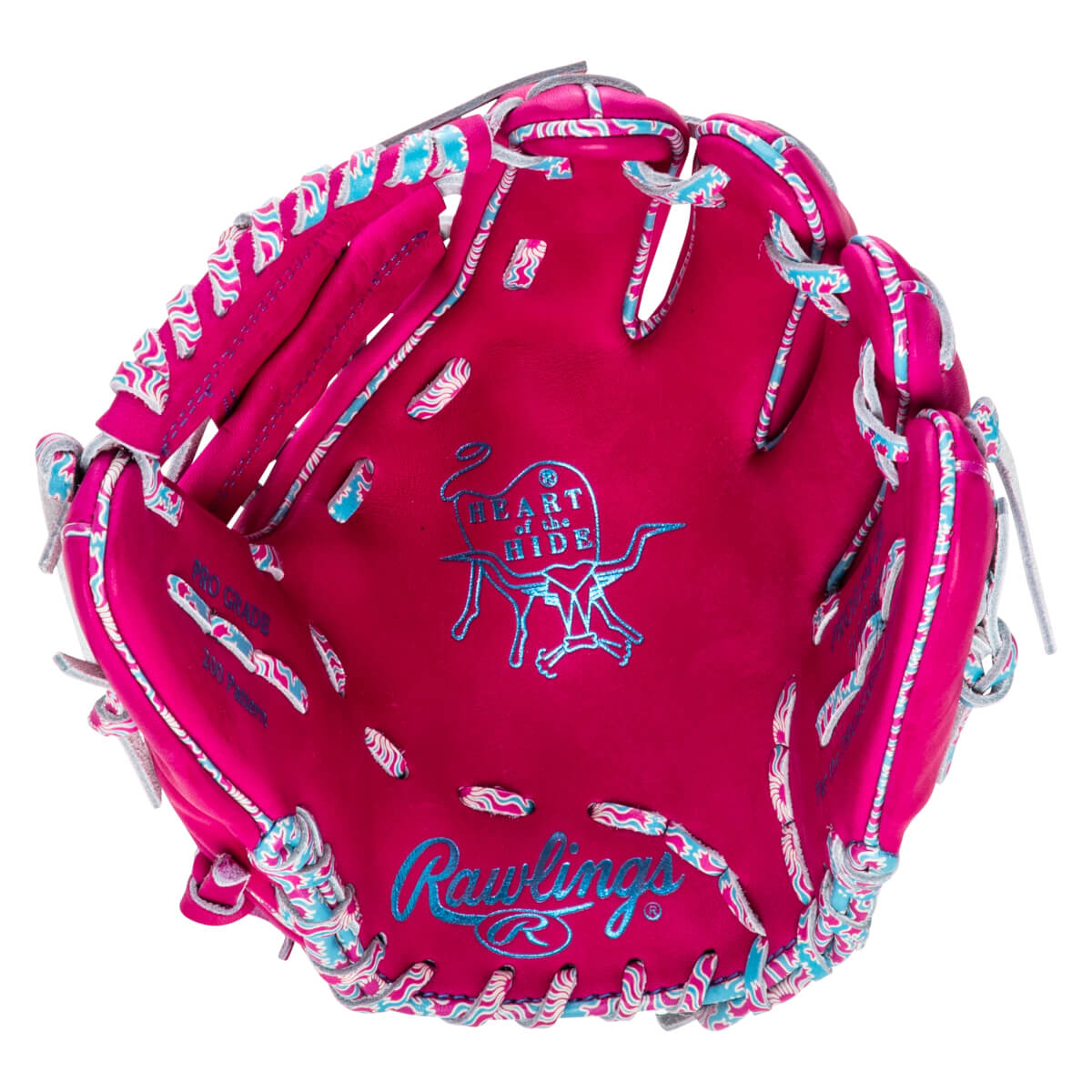 Top-down view of a pink baseball glove with blue and white wavy trim, featuring the Rawlings logo and a "Heart of the Hide" emblem.
