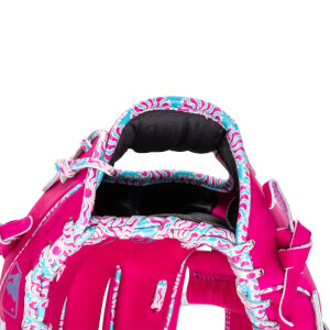 Close-up of a pink baseball glove showing the colorful patterned binding and the "BLLK29" text.