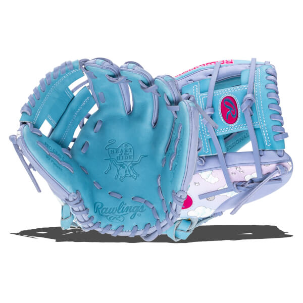 Front view of a light blue baseball glove with purple lacing, showing the Rawlings logo and "Heart of the Hide" imprint.