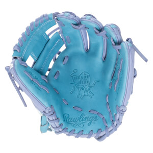 Top-down view of a blue and purple Rawlings baseball glove featuring "PRO GRADE 93 Pattern" and "HEART of the HIDE" branding.