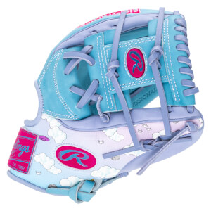 Front view of a blue and purple baseball glove with a cloud and bird pattern, featuring a pink Rawlings logo and "Est. 1887".