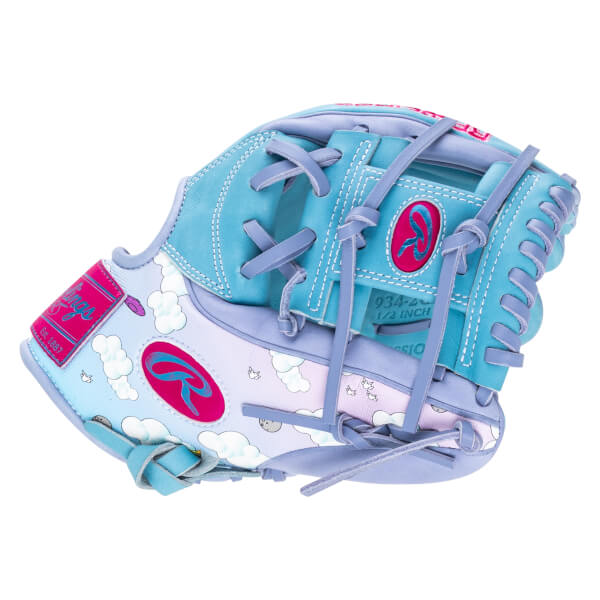 Front view of a blue and purple baseball glove with cloud and bird graphics, and a Rawlings logo.