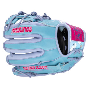 Front view of a light blue baseball glove with pink "RAWLINGS" and "THE GOLD GLOVE CO" lettering, and a cloud pattern on the wrist strap.