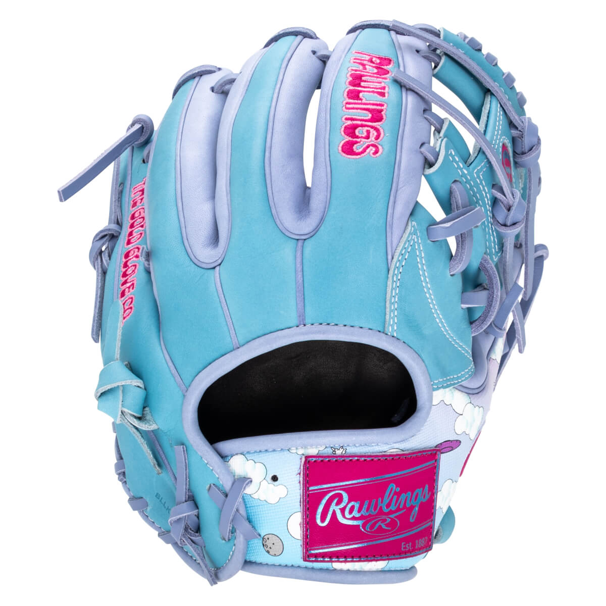 Front view of a light blue baseball glove with pink "Rawlings" logo and cloud and moon pattern.
