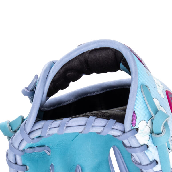 Close-up of a baseball glove showing light blue leather, cloud pattern, and purple accents.