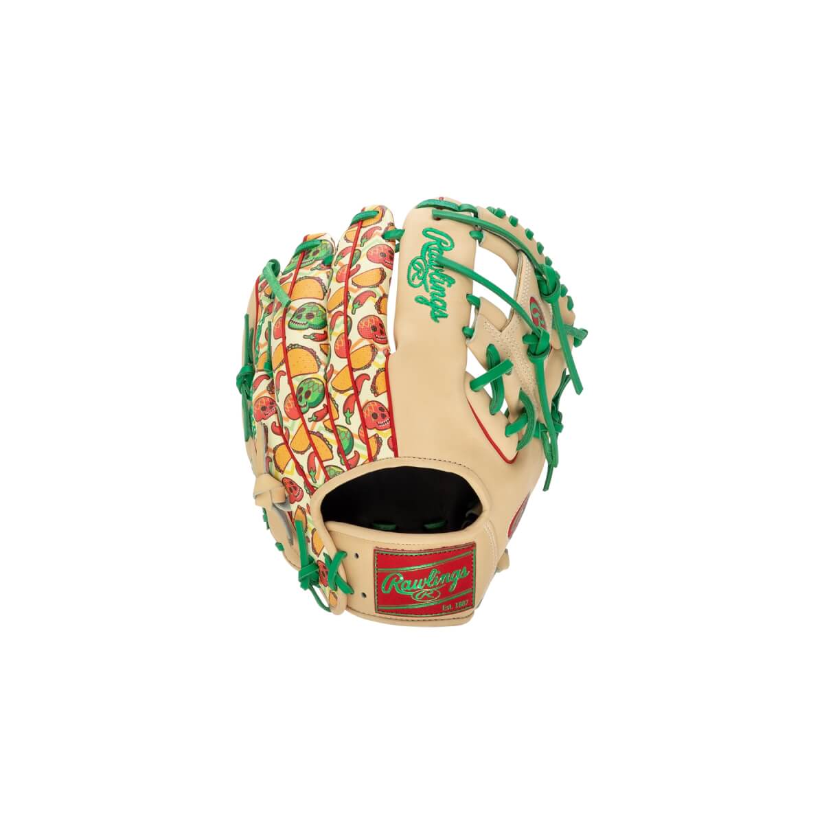 Back view of a tan Rawlings baseball glove featuring green laces and a colorful taco and skull pattern across the outer fingers.