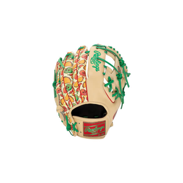 Back view of a tan Rawlings baseball glove featuring green laces and a colorful taco and skull pattern across the outer fingers.