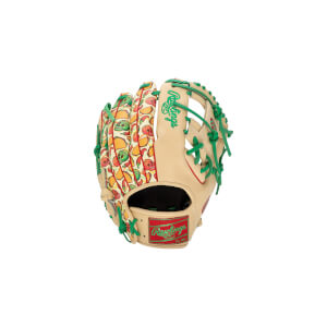 Back view of a tan Rawlings baseball glove featuring green laces and a colorful taco and skull pattern across the outer fingers.