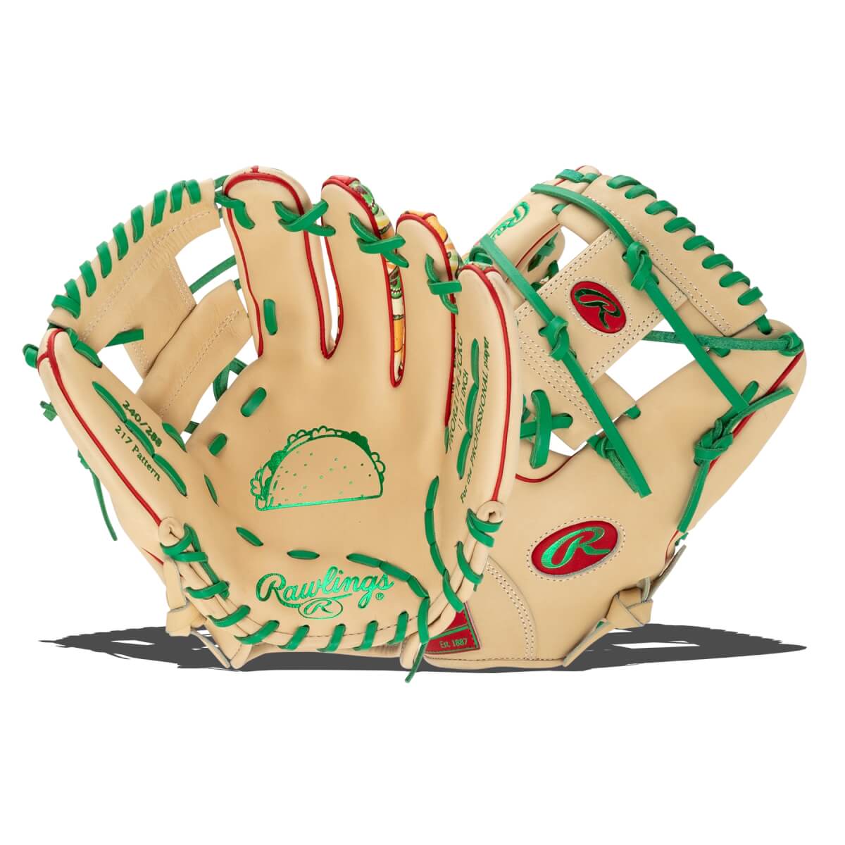 Front and back views of a tan Rawlings baseball glove with green laces, featuring a green taco stamp in the palm and the words Rawlings and 217 Pattern.