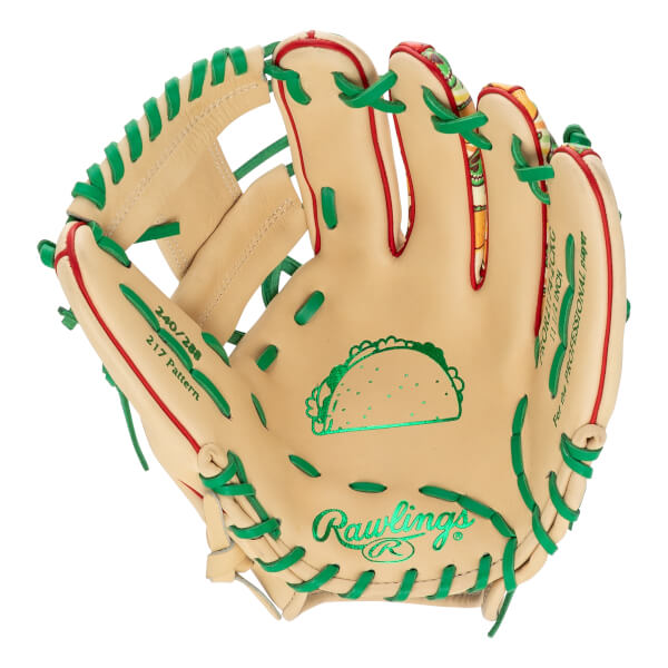 Front view of a tan Rawlings glove featuring green laces and trim, a green taco logo, and the word Rawlings in script on the palm.