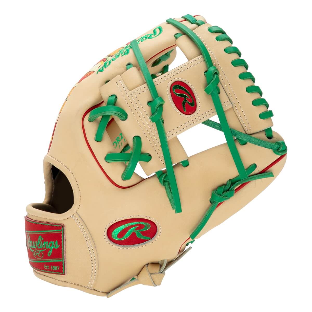 Back view of a tan baseball glove featuring green laces and red and green "Rawlings" and "R" logo patches on the H-web and wrist strap.