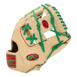 Back view of a tan baseball glove featuring green laces and red and green "Rawlings" and "R" logo patches on the H-web and wrist strap.