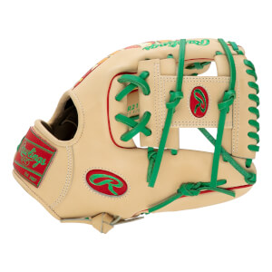 Side view of a tan Rawlings baseball glove with green laces and red accents, featuring the brand name "Rawlings" and "R" logo in metallic green.