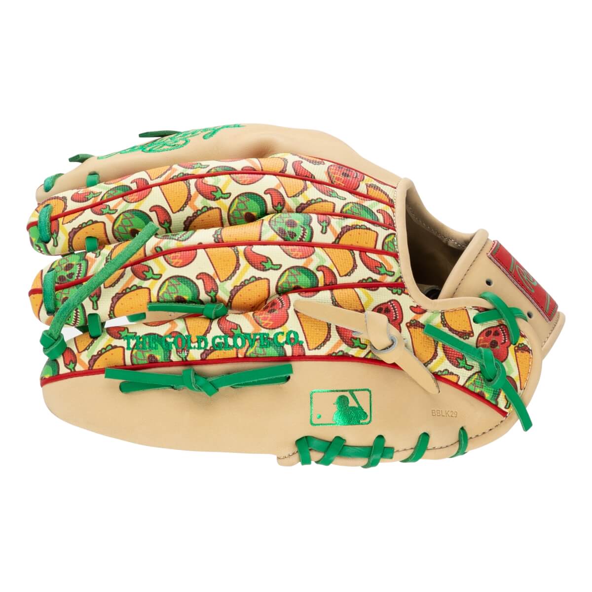 Back view of a tan baseball glove featuring a taco and chili pepper pattern, green laces, an MLB logo, and the text THE GOLD GLOVE CO.