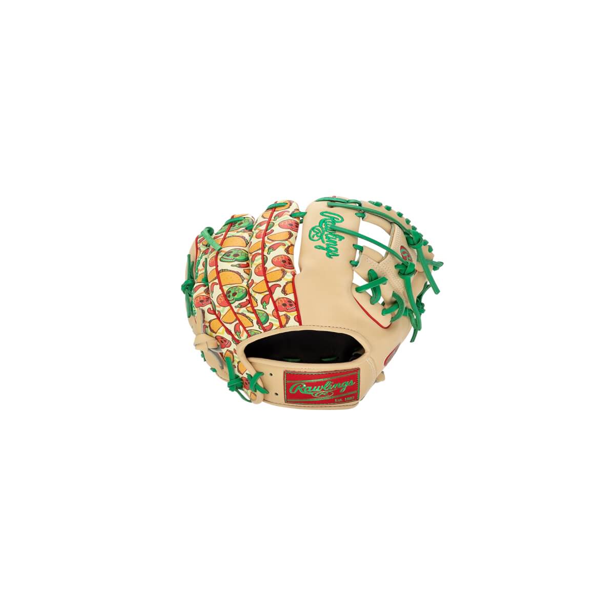 Back view of a tan Rawlings baseball glove featuring a taco, skull, and chili pepper pattern on the fingers, green laces, and red Rawlings logos.