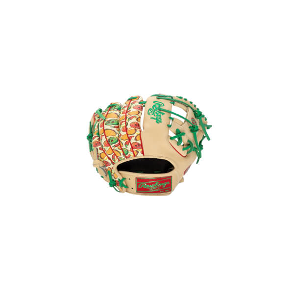 Back view of a tan Rawlings baseball glove featuring a taco, skull, and chili pepper pattern on the fingers, green laces, and red Rawlings logos.