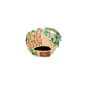 Back view of a tan Rawlings baseball glove featuring a taco, skull, and chili pepper pattern on the fingers, green laces, and red Rawlings logos.