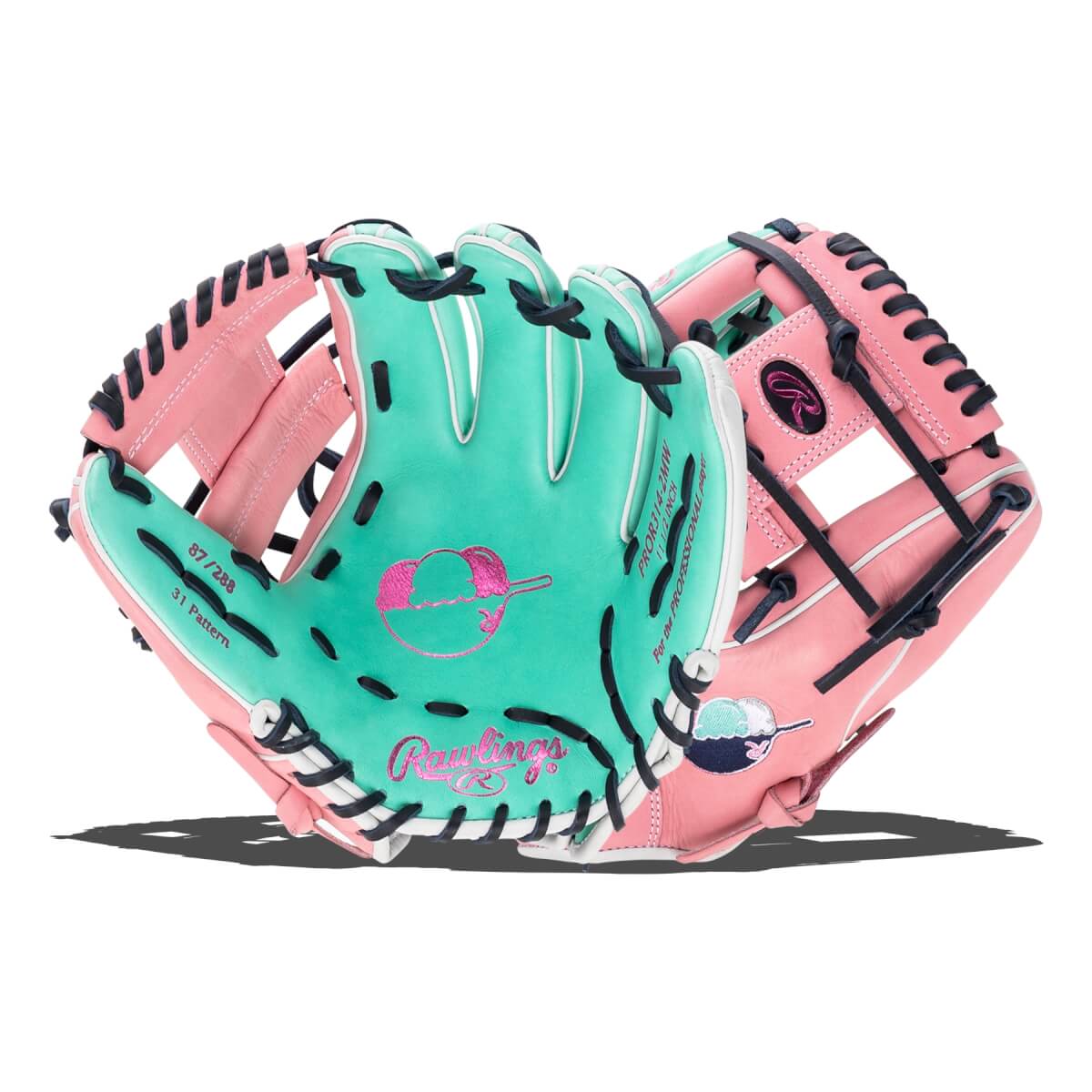 Front and back views of a mint green and pink Rawlings baseball glove feature an ice cream graphic and the text 87/288 and Rawlings on the palm.