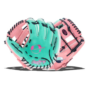 Front and back views of a mint green and pink Rawlings baseball glove feature an ice cream graphic and the text 87/288 and Rawlings on the palm.