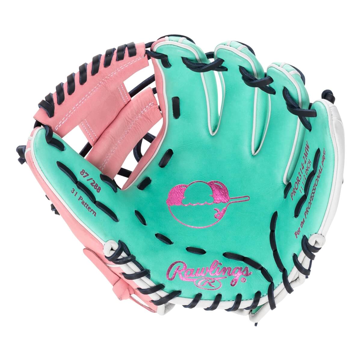Front palm view of a teal and pink leather glove with black laces, a pink ice cream graphic, and shimmering pink text reading "Rawlings" and "87/288".