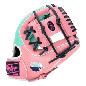 Front view of a pink and mint green Rawlings baseball glove with black laces, an ice cream graphic, and a wrist patch stating "Rawlings Est. 1887."