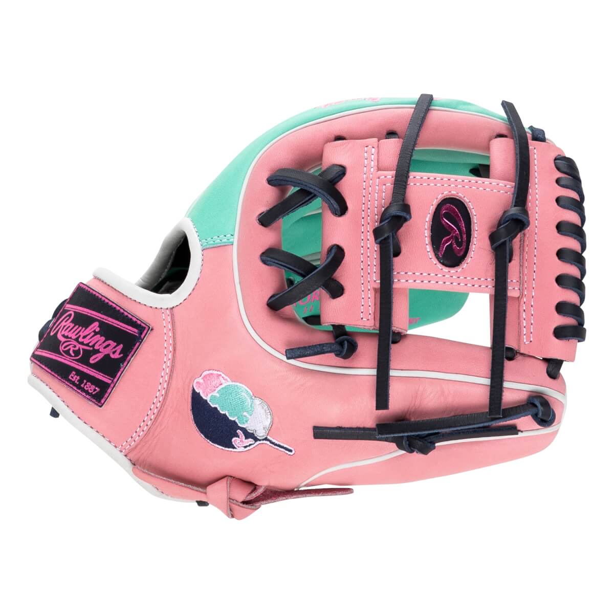 Back view of a pink and mint Rawlings glove featuring navy laces, a cotton candy patch, and the Rawlings logo on the wrist strap.