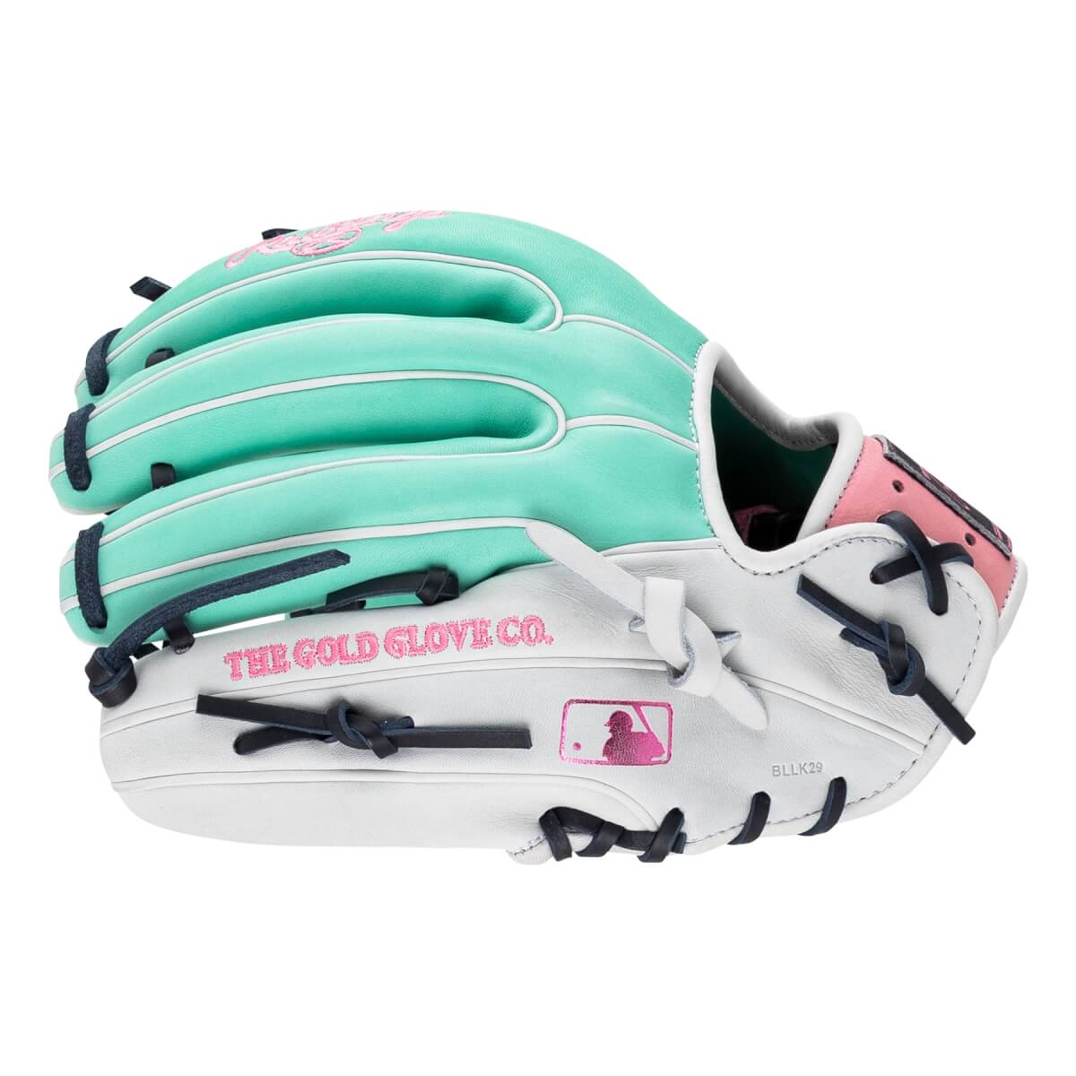 Back view of a mint green and white baseball glove with pink accents, featuring the words "THE GOLD GLOVE CO." and a pink MLB logo.