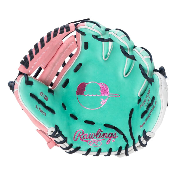 Front view of a mint green Rawlings baseball glove with pink accents, an ice cream graphic, and text reading 31 Pattern and Rawlings in pink glitter.