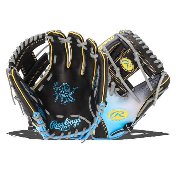 Front view of a black Rawlings baseball glove with blue and yellow accents, featuring the "Heart of the Hide" logo.