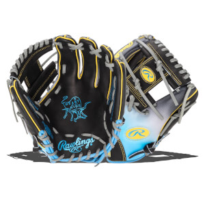 Front view of a black Rawlings baseball glove with blue and yellow accents, featuring the "Heart of the Hide" logo.