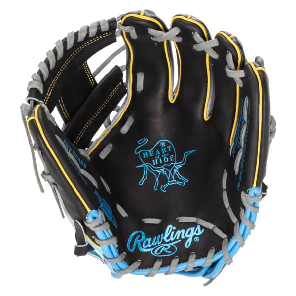 Top-down view of a black baseball glove with blue and yellow accents, featuring the Rawlings logo and "Heart of the Hide" emblem.