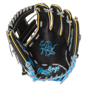 Top-down view of a black baseball glove with blue and yellow accents, featuring the Rawlings logo and "Heart of the Hide" emblem.