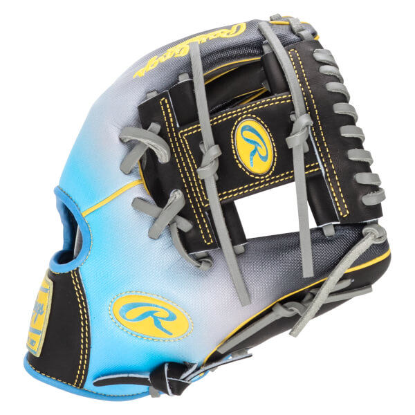 Front view of a baseball glove with a blue to gray gradient, yellow stitching, and a Rawlings logo.