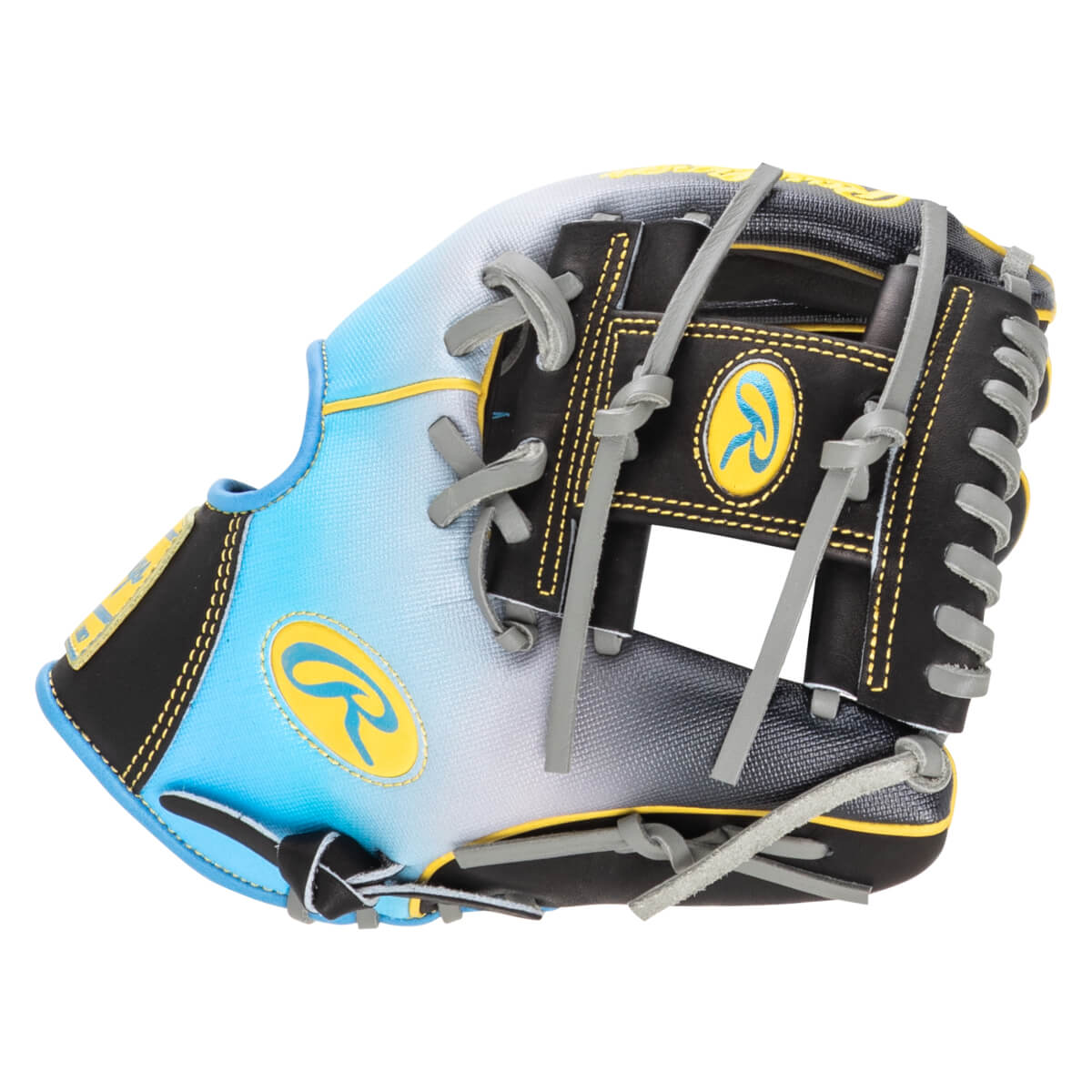 Side view of a Rawlings baseball glove with a blue, white, and black gradient, featuring yellow stitching and the Rawlings logo.