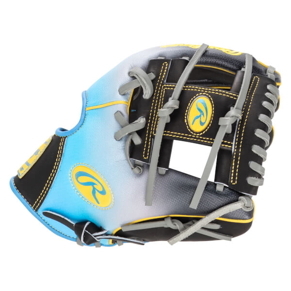 Side view of a Rawlings baseball glove with a blue, white, and black gradient, featuring yellow stitching and the Rawlings logo.