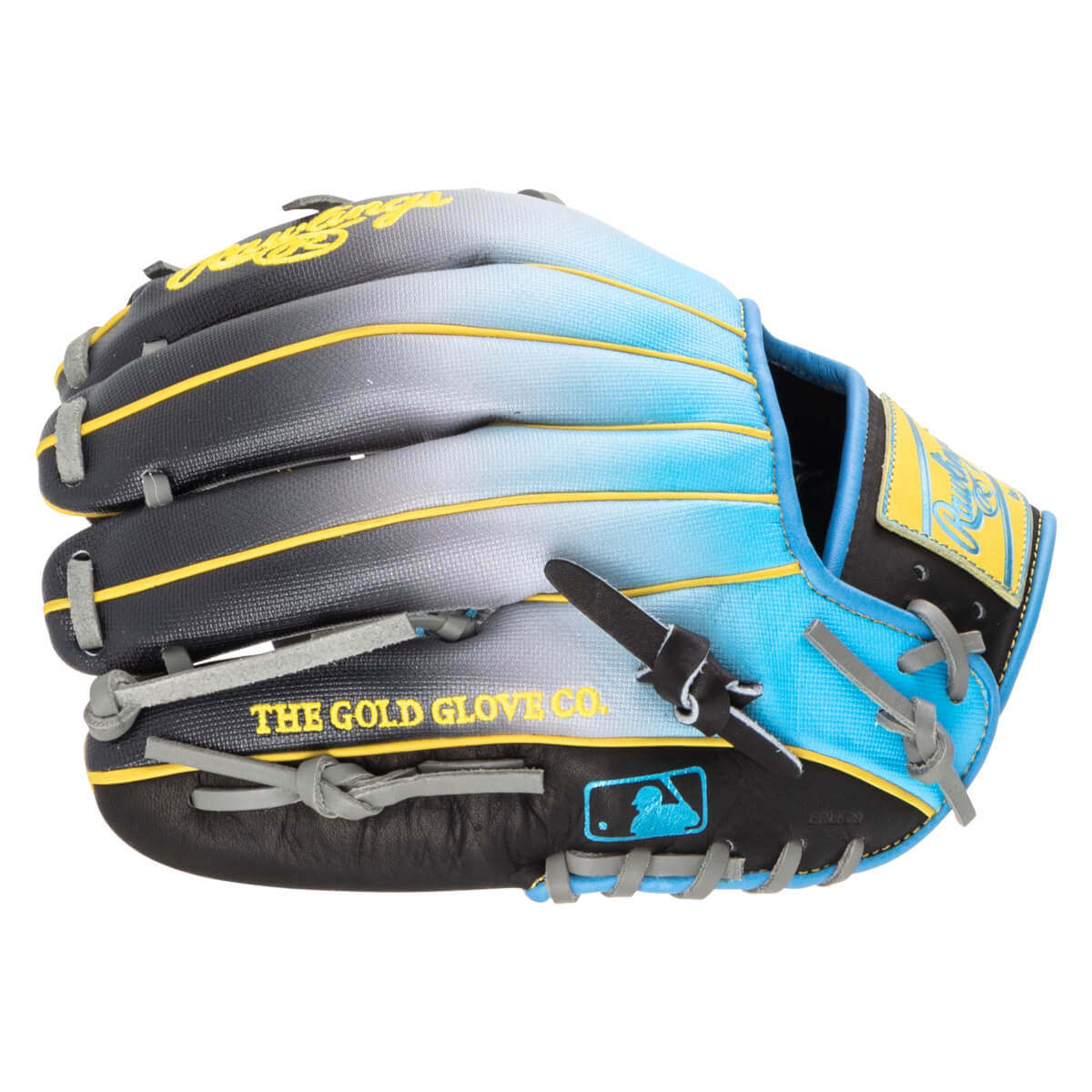 Side view of a baseball glove with a black, blue, and gray gradient, yellow stitching, and "THE GOLD GLOVE CO." text.