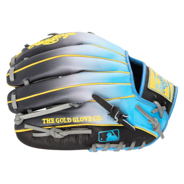 Side view of a baseball glove with a black, blue, and gray gradient, yellow stitching, and "THE GOLD GLOVE CO." text.