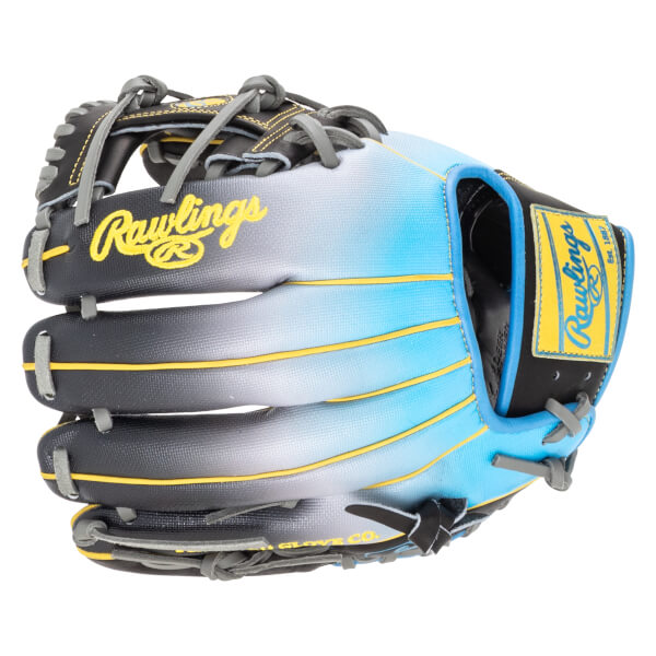 Front view of a Rawlings baseball glove with a blue and gray gradient, yellow stitching, and a yellow Rawlings logo.