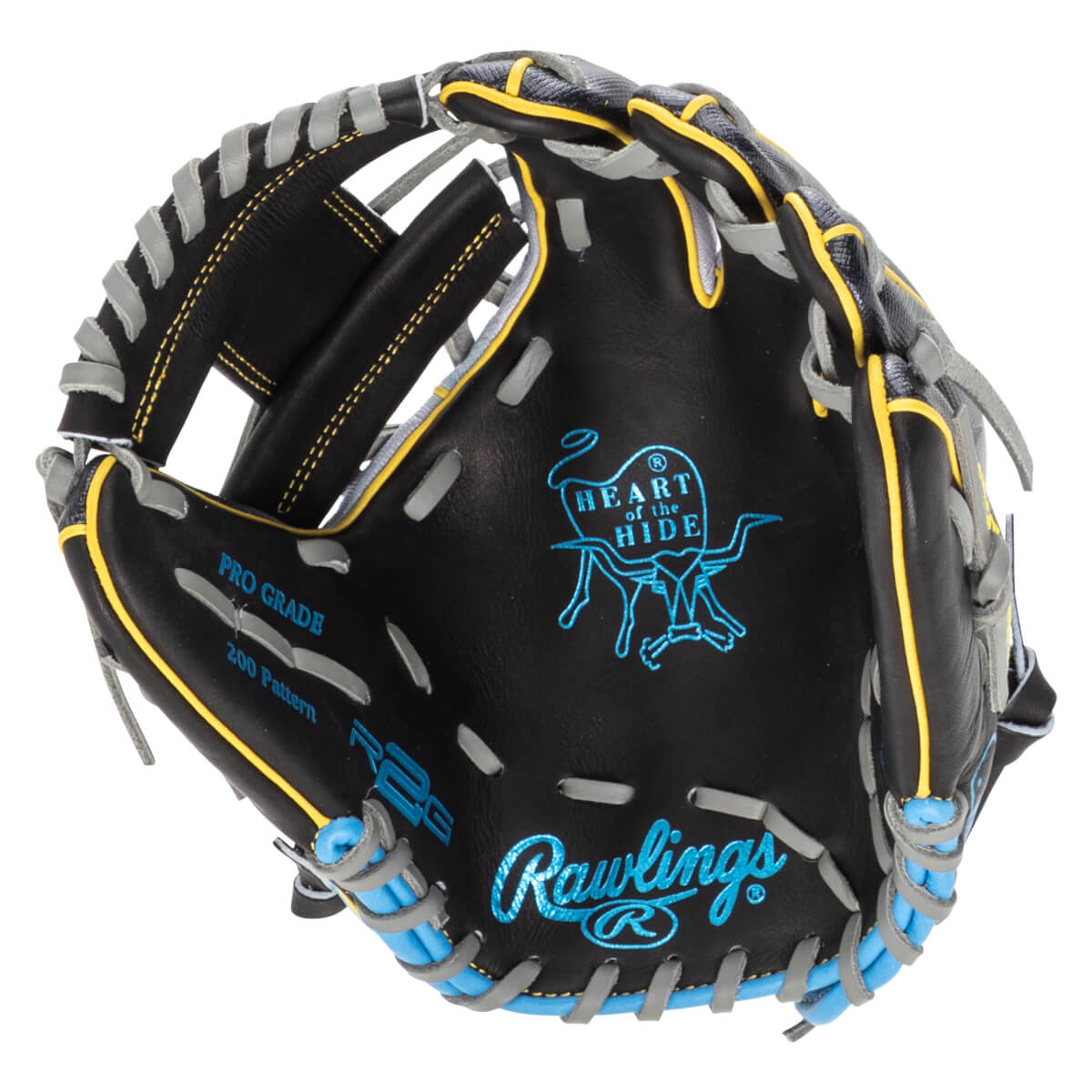 Interior view of a black baseball glove with blue "Rawlings" logo, "Heart of the Hide" emblem, and yellow trim.